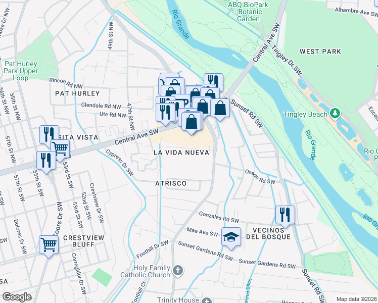 map of restaurants, bars, coffee shops, grocery stores, and more near 3116 Draxton Avenue Southwest in Albuquerque