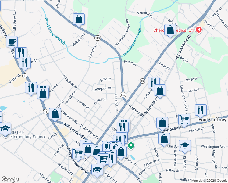 map of restaurants, bars, coffee shops, grocery stores, and more near 709 Davis Street in Gaffney