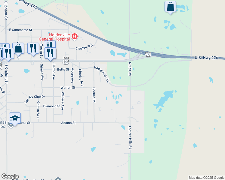map of restaurants, bars, coffee shops, grocery stores, and more near 102 Eric Street in Holdenville