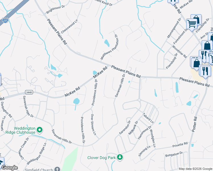map of restaurants, bars, coffee shops, grocery stores, and more near 4101 Wallbrook Drive in Matthews