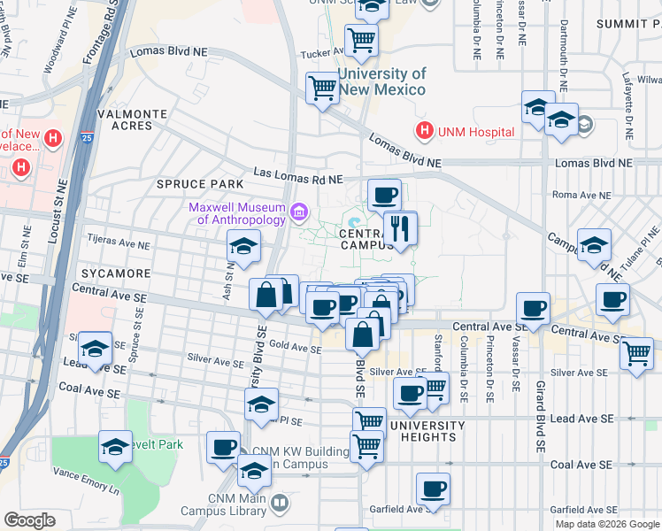 map of restaurants, bars, coffee shops, grocery stores, and more near 300 Terrace Street Northeast in Albuquerque