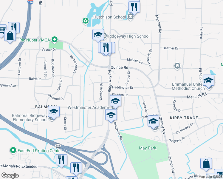 map of restaurants, bars, coffee shops, grocery stores, and more near 2399 Ridgeway Road in Memphis