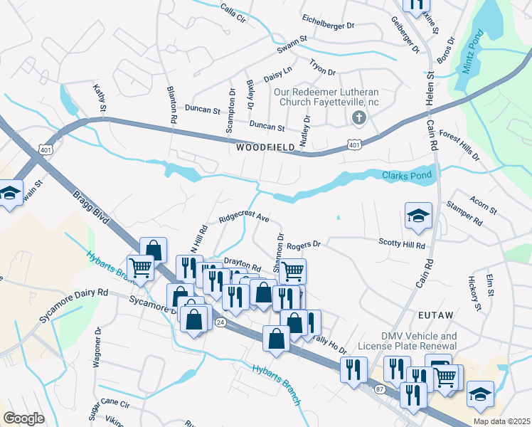 map of restaurants, bars, coffee shops, grocery stores, and more near 3514 Ridgecrest Avenue in Fayetteville