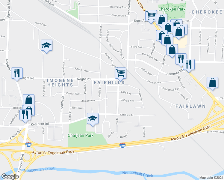 map of restaurants, bars, coffee shops, grocery stores, and more near 2702 Lola Avenue in Memphis