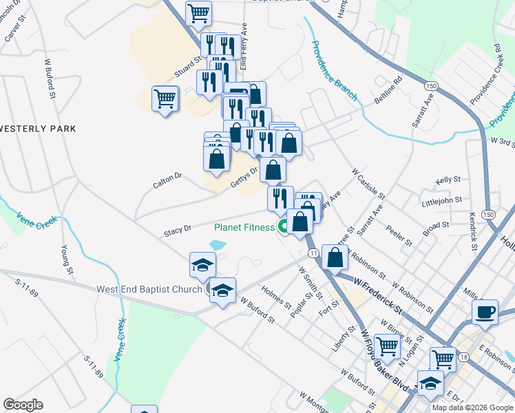 map of restaurants, bars, coffee shops, grocery stores, and more near 135 Stacy Drive in Gaffney