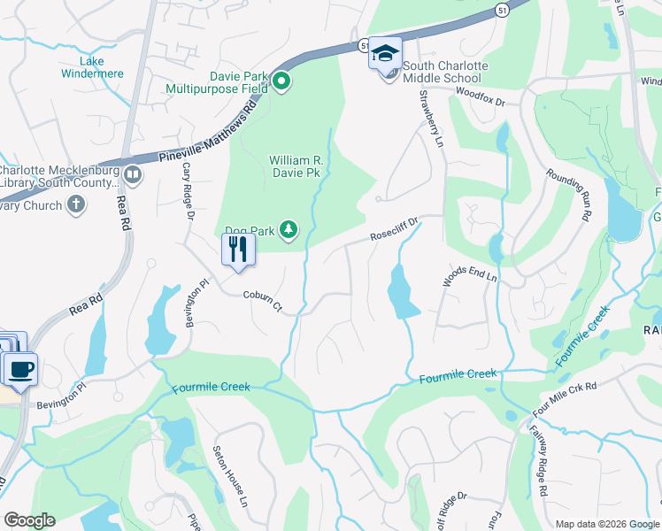 map of restaurants, bars, coffee shops, grocery stores, and more near 4527 Rosecliff Drive in Charlotte