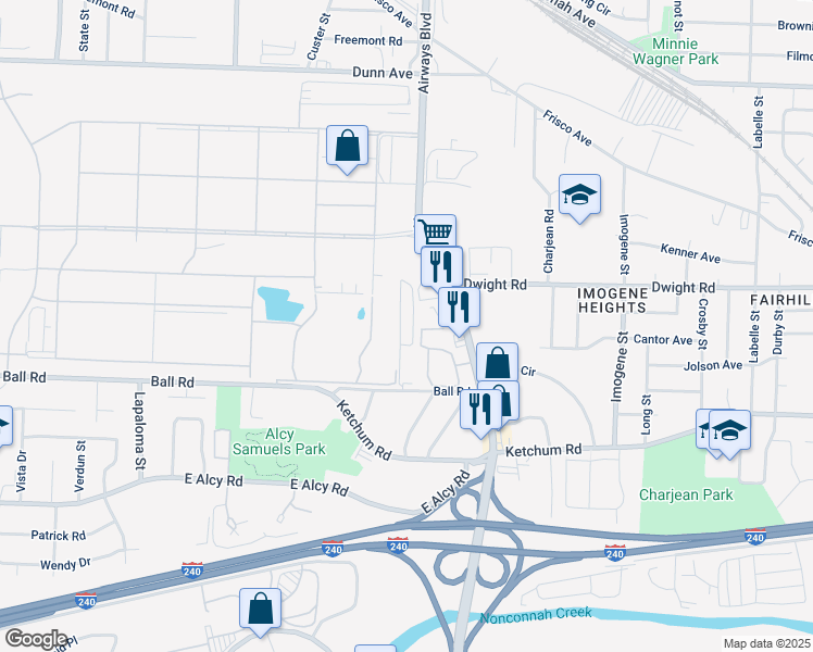 map of restaurants, bars, coffee shops, grocery stores, and more near 2238 Ball Road in Memphis