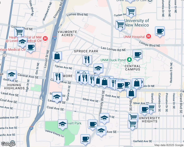 map of restaurants, bars, coffee shops, grocery stores, and more near 1516 Tijeras Avenue Northeast in Albuquerque