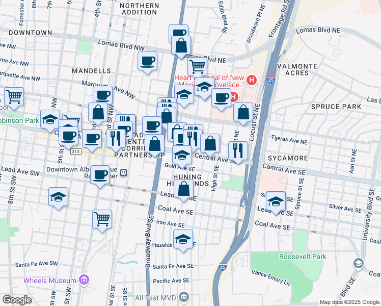 map of restaurants, bars, coffee shops, grocery stores, and more near Edith Blvd NE & Edith Blvd SE in Albuquerque