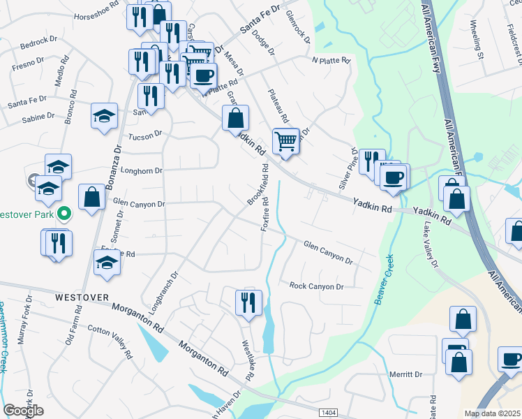 map of restaurants, bars, coffee shops, grocery stores, and more near 5305 Foxfire Road in Fayetteville