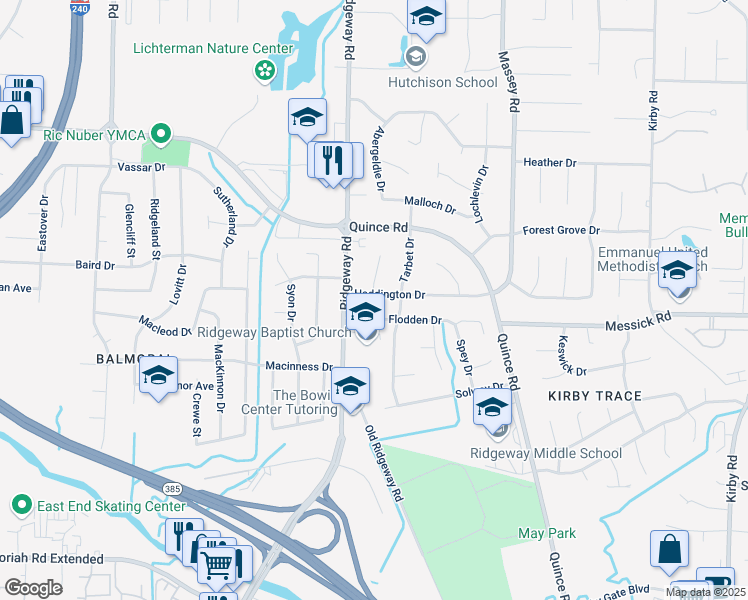 map of restaurants, bars, coffee shops, grocery stores, and more near 6159 Haddington Drive in Memphis