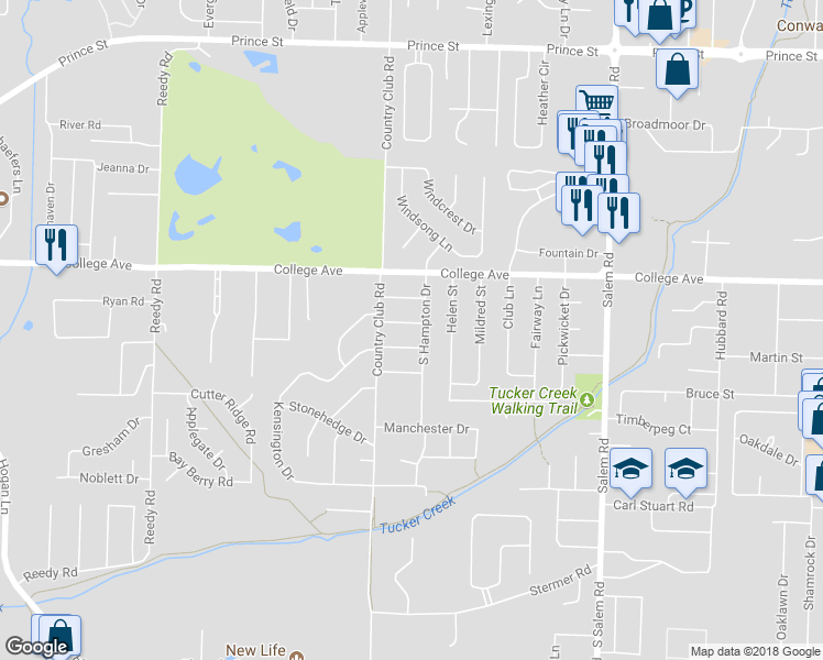 map of restaurants, bars, coffee shops, grocery stores, and more near 3183 Stacy Drive in Conway