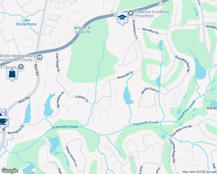 map of restaurants, bars, coffee shops, grocery stores, and more near 8416 Brownes Pond Lane in Charlotte