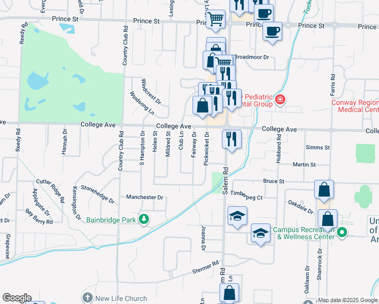 map of restaurants, bars, coffee shops, grocery stores, and more near 207 Fairway Drive in Conway