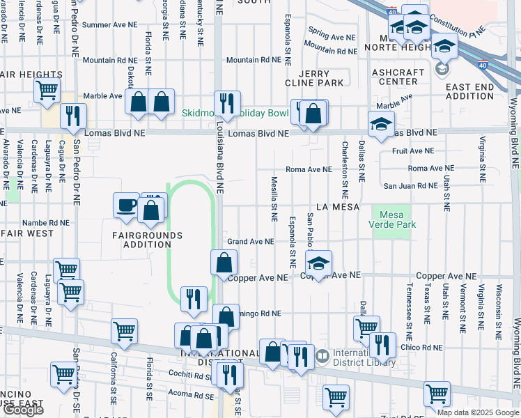 map of restaurants, bars, coffee shops, grocery stores, and more near 438 Chama Street Northeast in Albuquerque