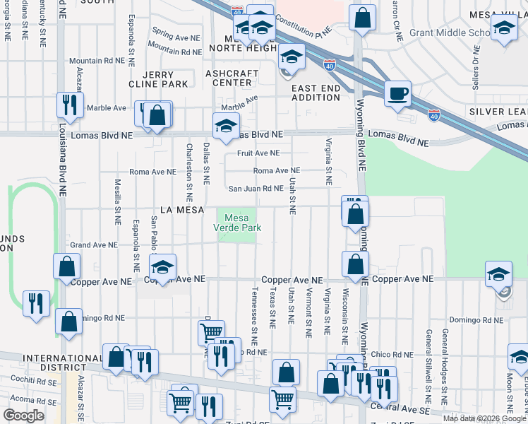 map of restaurants, bars, coffee shops, grocery stores, and more near 8100 Marquette Avenue Northeast in Albuquerque