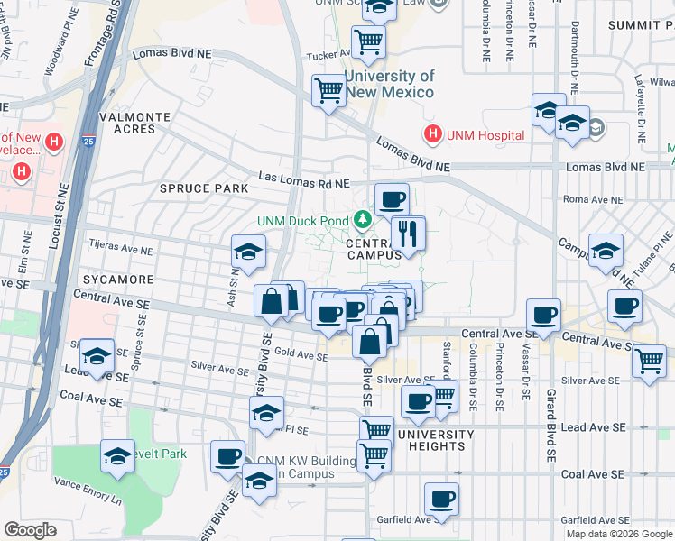 map of restaurants, bars, coffee shops, grocery stores, and more near 200 Yale Boulevard Northeast in Albuquerque