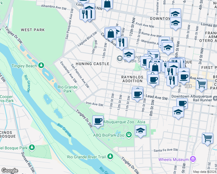 map of restaurants, bars, coffee shops, grocery stores, and more near in Albuquerque