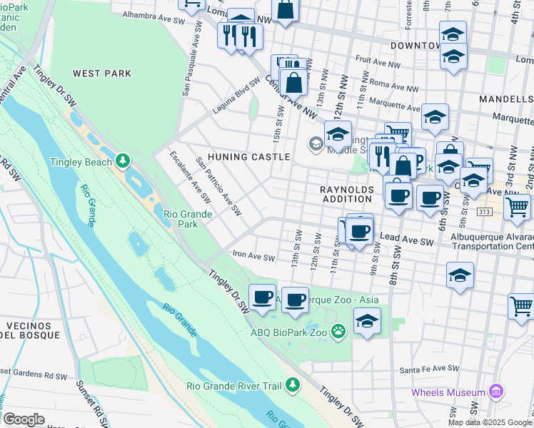 map of restaurants, bars, coffee shops, grocery stores, and more near 512 San Carlos Court Southwest in Albuquerque
