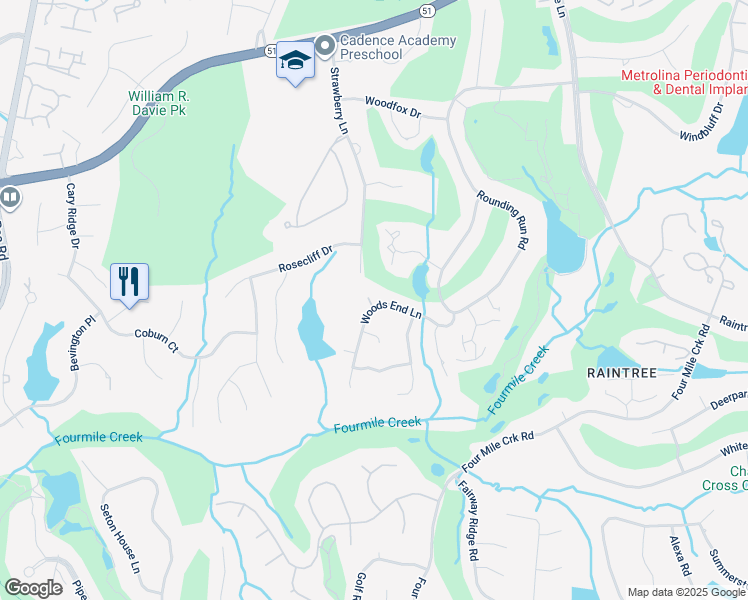 map of restaurants, bars, coffee shops, grocery stores, and more near 4236 Woods End Lane in Charlotte