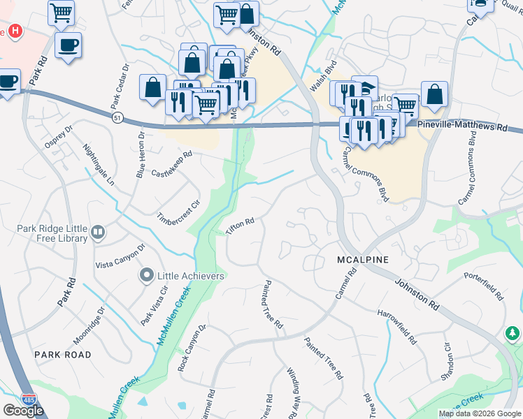 map of restaurants, bars, coffee shops, grocery stores, and more near 8100 Tifton Road in Charlotte