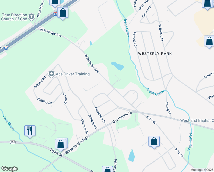 map of restaurants, bars, coffee shops, grocery stores, and more near 1605 West Rutledge Avenue in Gaffney