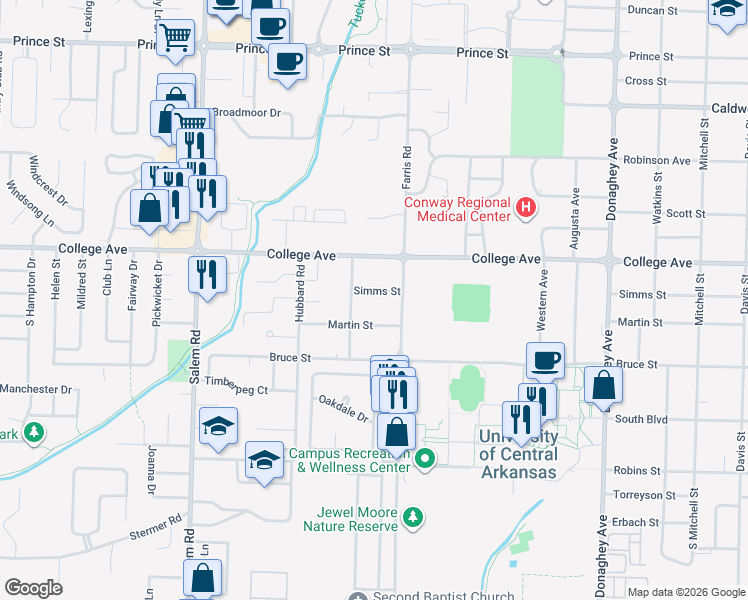 map of restaurants, bars, coffee shops, grocery stores, and more near 2535 Simms Street in Conway