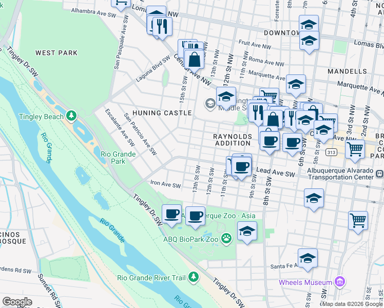 map of restaurants, bars, coffee shops, grocery stores, and more near 520 14th Street Southwest in Albuquerque