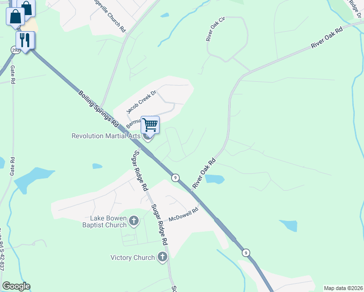 map of restaurants, bars, coffee shops, grocery stores, and more near 151 Riveroak Road in Inman