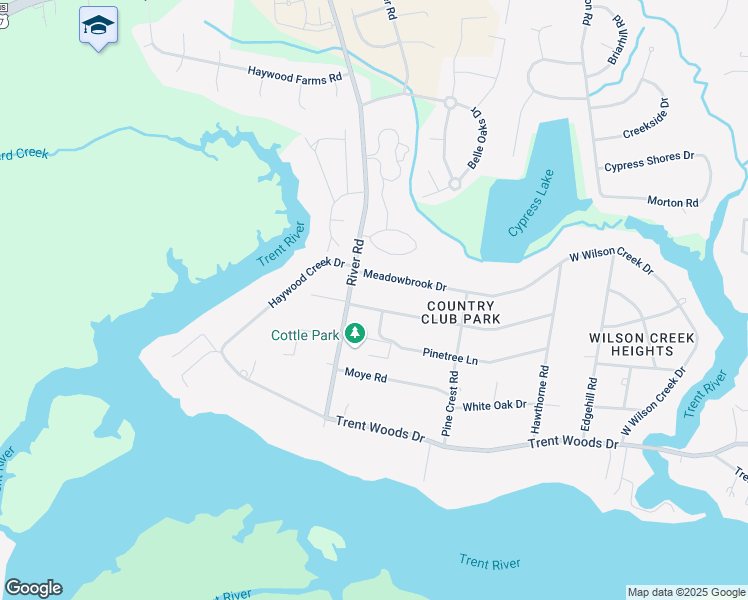 map of restaurants, bars, coffee shops, grocery stores, and more near 5218 Springwood Drive in Trent Woods