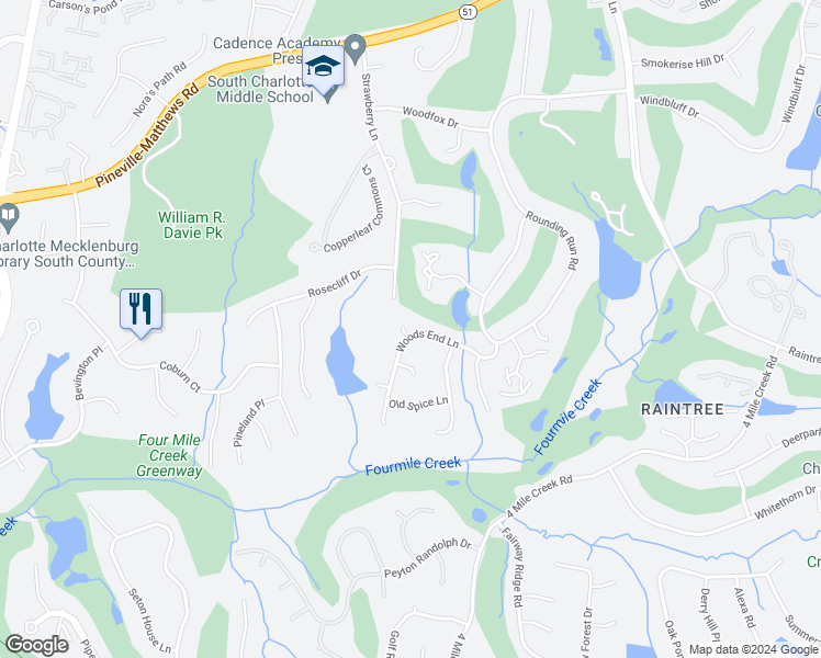 map of restaurants, bars, coffee shops, grocery stores, and more near 4236 Woods End Lane in Charlotte