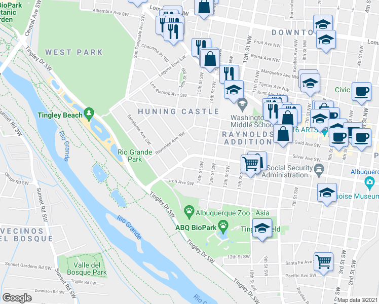 map of restaurants, bars, coffee shops, grocery stores, and more near 512 San Carlos Court Southwest in Albuquerque