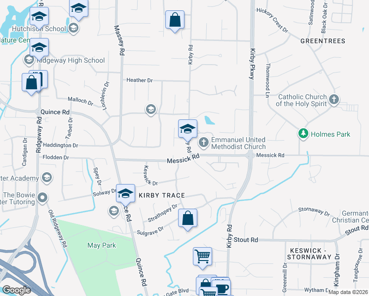map of restaurants, bars, coffee shops, grocery stores, and more near 2396 Kirby Road in Memphis