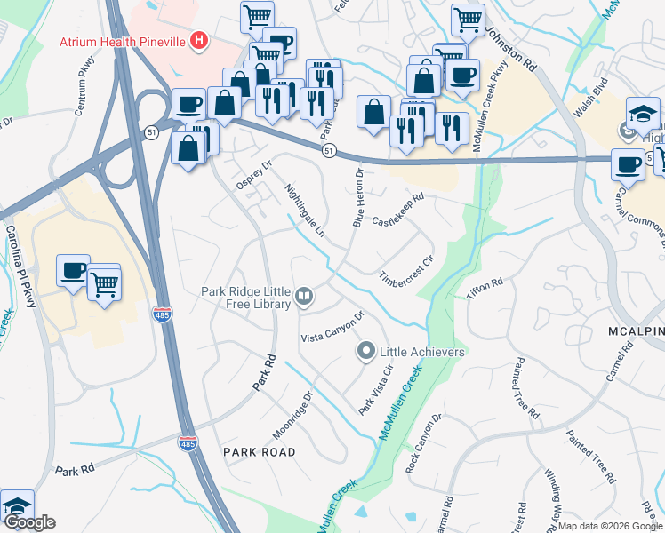 map of restaurants, bars, coffee shops, grocery stores, and more near 11016 Blue Heron Drive in Charlotte