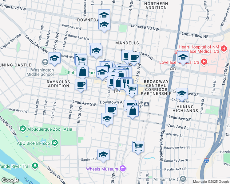 map of restaurants, bars, coffee shops, grocery stores, and more near 317 Gold Avenue Southwest in Albuquerque