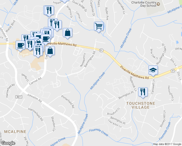 map of restaurants, bars, coffee shops, grocery stores, and more near 6820 Poppy Hills Lane in Charlotte