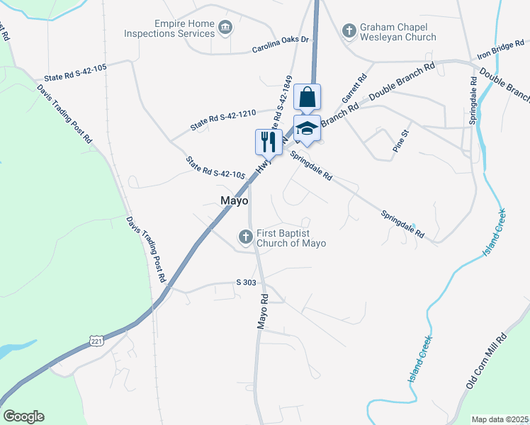 map of restaurants, bars, coffee shops, grocery stores, and more near 121 Thrift Circle in Mayo