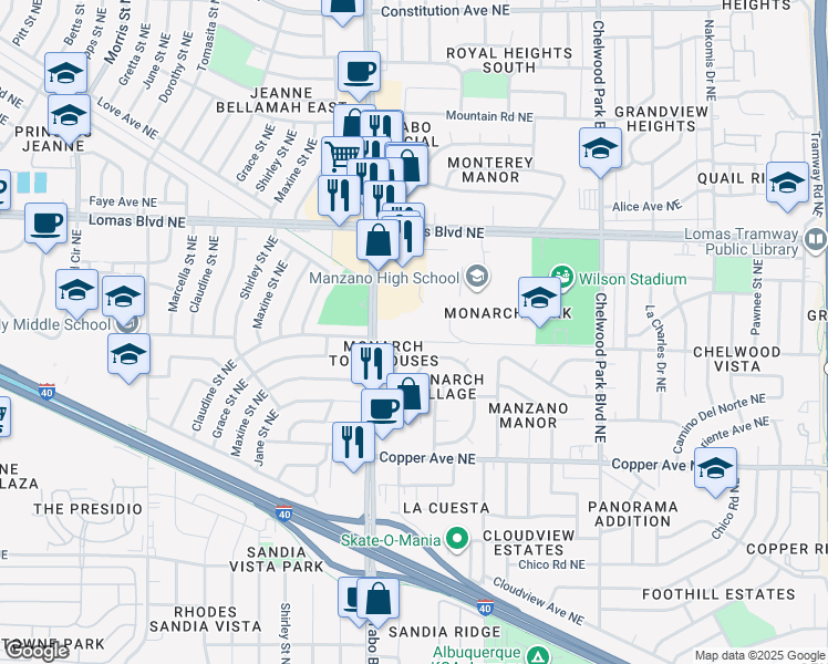 map of restaurants, bars, coffee shops, grocery stores, and more near 760 Juan Tabo Boulevard Northeast in Albuquerque