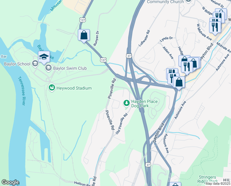 map of restaurants, bars, coffee shops, grocery stores, and more near 1188 Pineville Road in Chattanooga