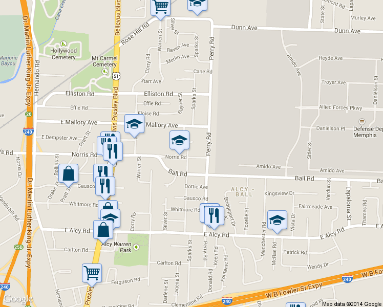 map of restaurants, bars, coffee shops, grocery stores, and more near 1528 Norris Road in Memphis