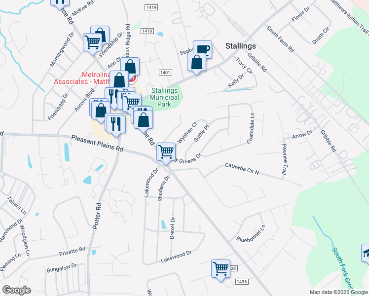 map of restaurants, bars, coffee shops, grocery stores, and more near 4013 Suttle Place in Matthews