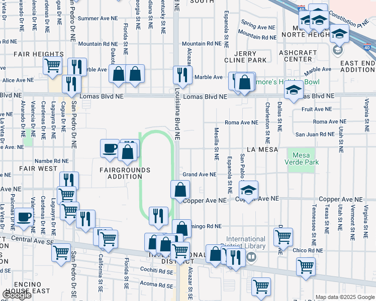 map of restaurants, bars, coffee shops, grocery stores, and more near 445 Alcazar Street Northeast in Albuquerque