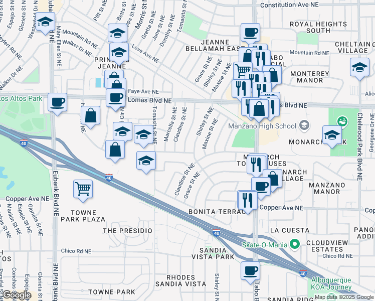 map of restaurants, bars, coffee shops, grocery stores, and more near 700 Grace Street Northeast in Albuquerque