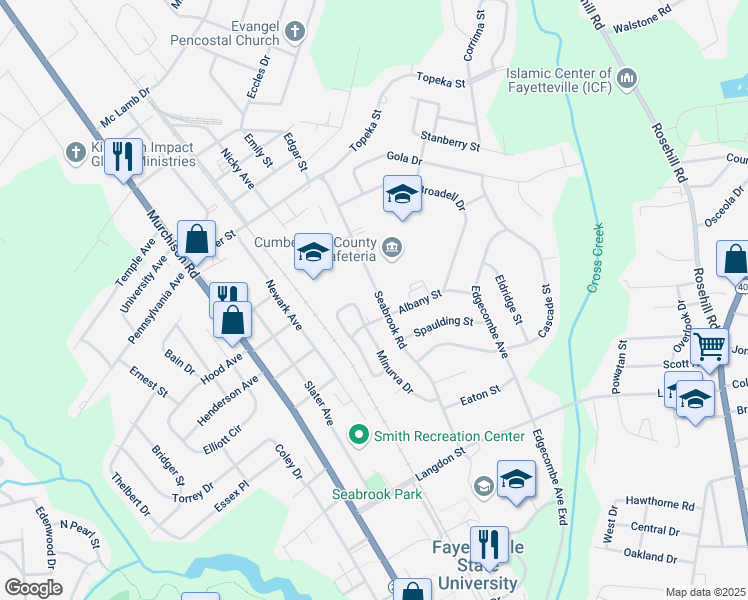 map of restaurants, bars, coffee shops, grocery stores, and more near 1809 Seabrook Road in Fayetteville
