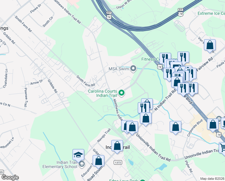 map of restaurants, bars, coffee shops, grocery stores, and more near 105 Marron Drive in Indian Trail