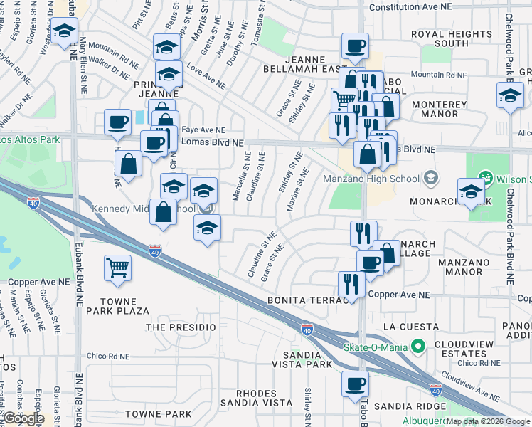 map of restaurants, bars, coffee shops, grocery stores, and more near 700 Grace Street Northeast in Albuquerque
