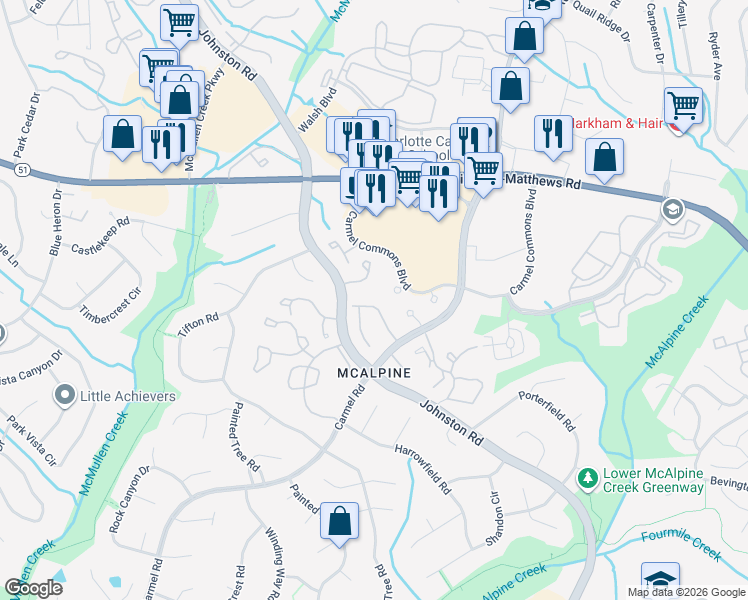 map of restaurants, bars, coffee shops, grocery stores, and more near 11017 Sevilla Ct in Charlotte