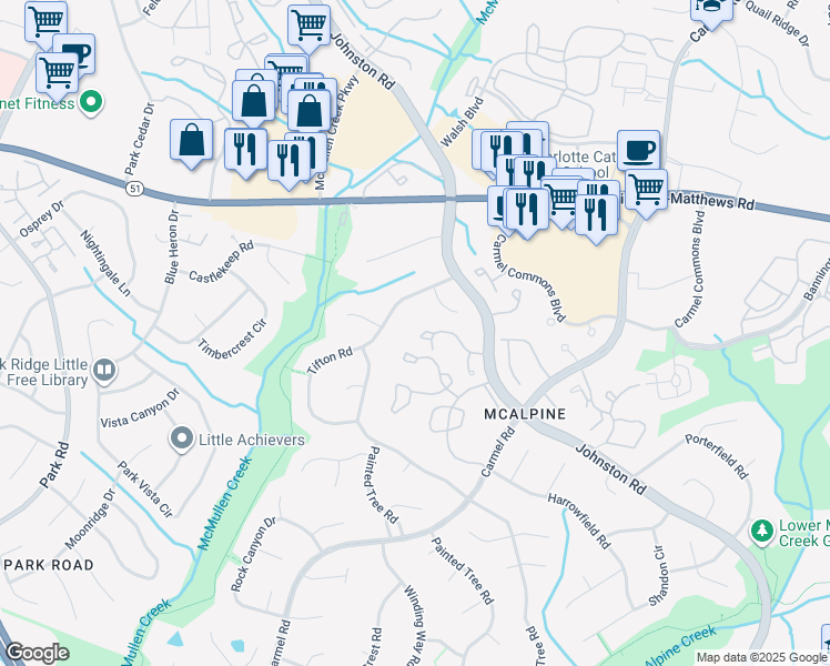 map of restaurants, bars, coffee shops, grocery stores, and more near 11020 Carmel Crossing Road in Charlotte