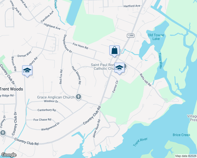 map of restaurants, bars, coffee shops, grocery stores, and more near 3309 Tack House Road in Trent Woods