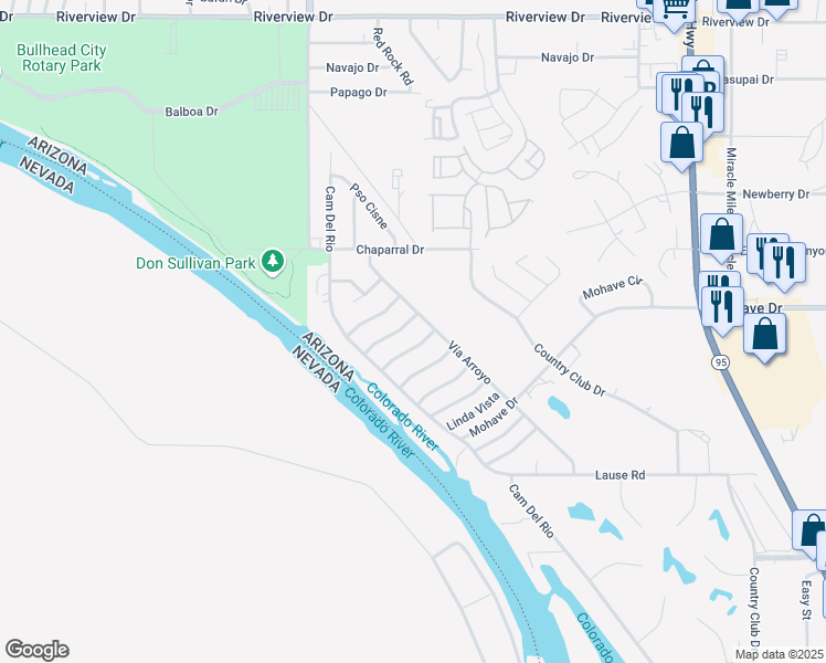 map of restaurants, bars, coffee shops, grocery stores, and more near 1130 Avenida De Las Estrellas Drive in Bullhead City